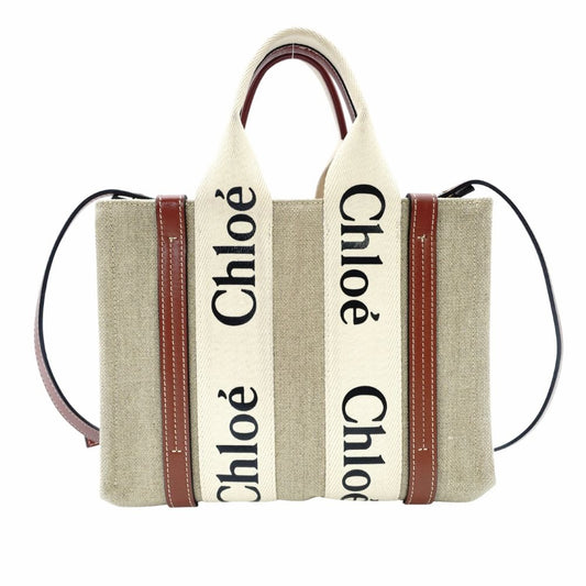 CHLOE Woody Small Handbag Beige × Brown 2-Way Shoulder Canvas Leather 7-12-178