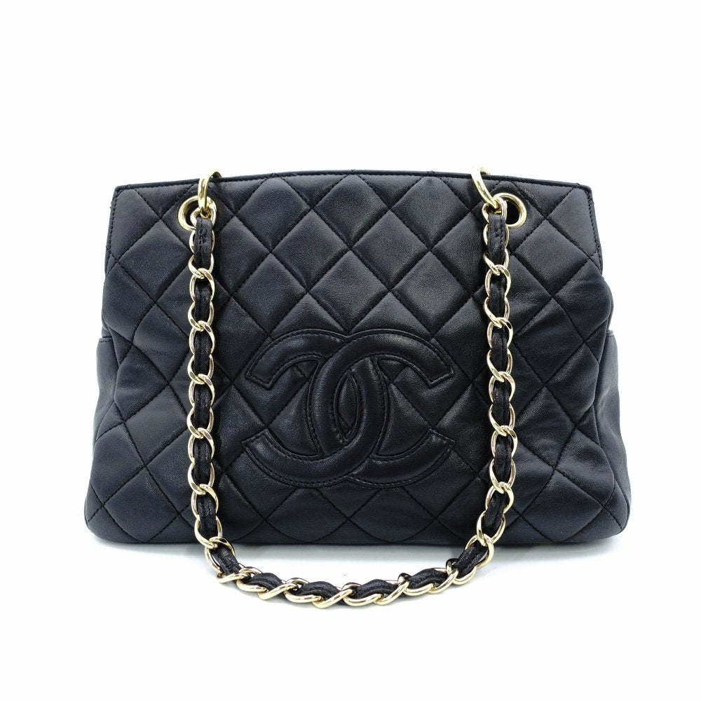 CHANEL Matelassé Lambskin Black Chain Shoulder Bag Black Leather Shoulder Gold Hardware 7-10-688