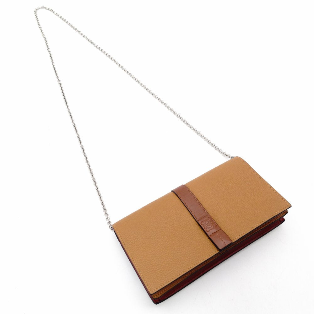 LOEWE Anagram Leather Chain Wallet Brown 2-Way Long Wallet Shoulder Bag 7-11-155