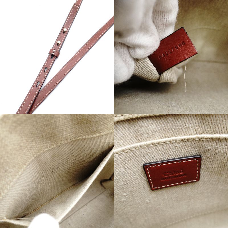 CHLOE Woody Small Handbag Beige × Brown 2-Way Shoulder Canvas Leather 7-12-178
