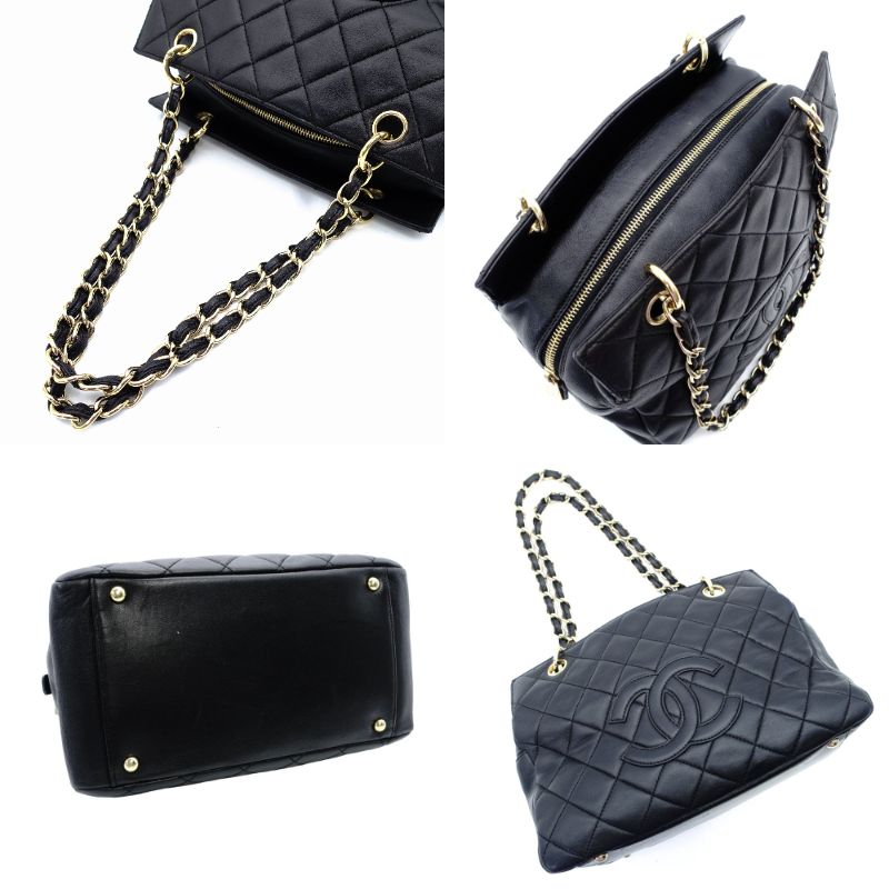 CHANEL Matelassé Lambskin Black Chain Shoulder Bag Black Leather Shoulder Gold Hardware 7-10-688