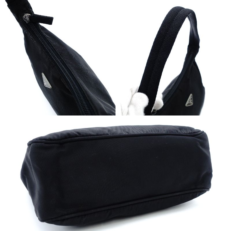 PRADA Nylon Hobo Handbag Black Triangle Logo Black Single Shoulder 7-12-017
