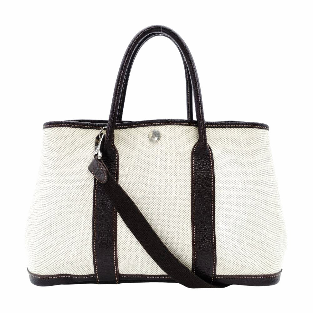 HERMES Garden Party TPM Twill Ash Canvas Leather Brown × Beige Tote Bag 7-9-300