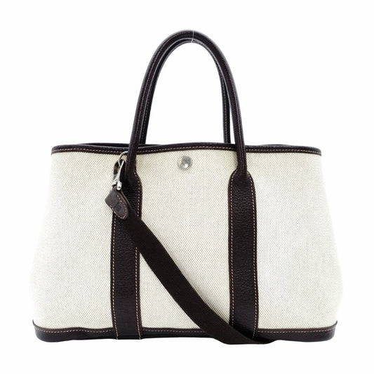 HERMES Garden Party TPM Twill Ash Canvas Leather Brown × Beige Tote Bag 7-9-300