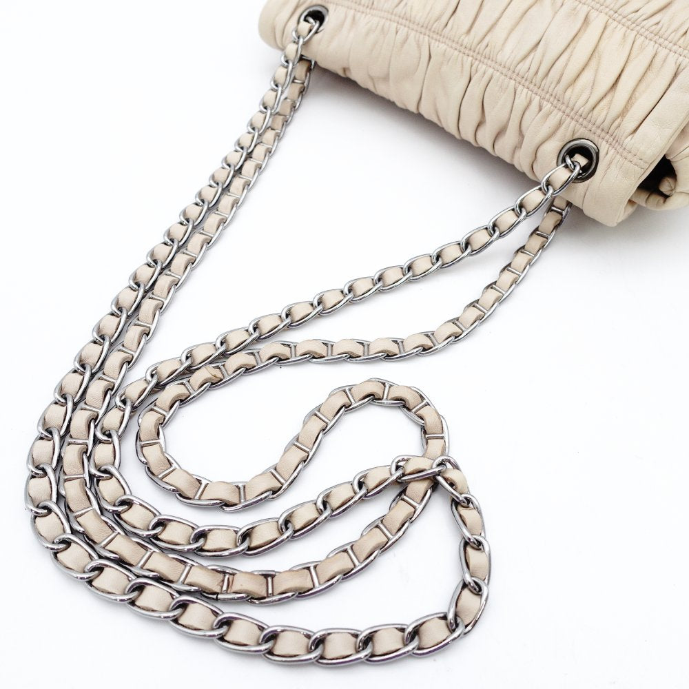 PRADA Chain Shoulder Bag Beige Leather Crossbody Silver Hardware Women's 7-11-309