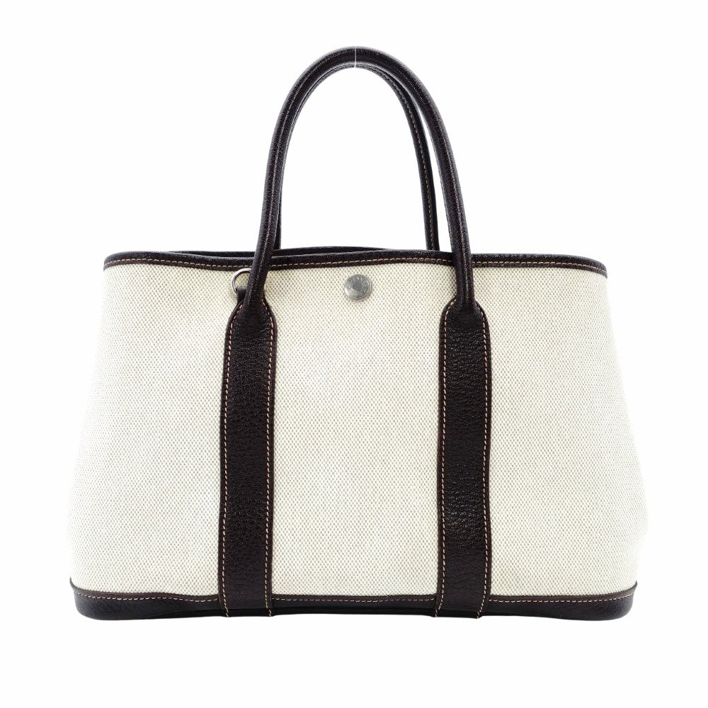 HERMES Garden Party TPM Twill Ash Canvas Leather Brown × Beige Tote Bag 7-9-300