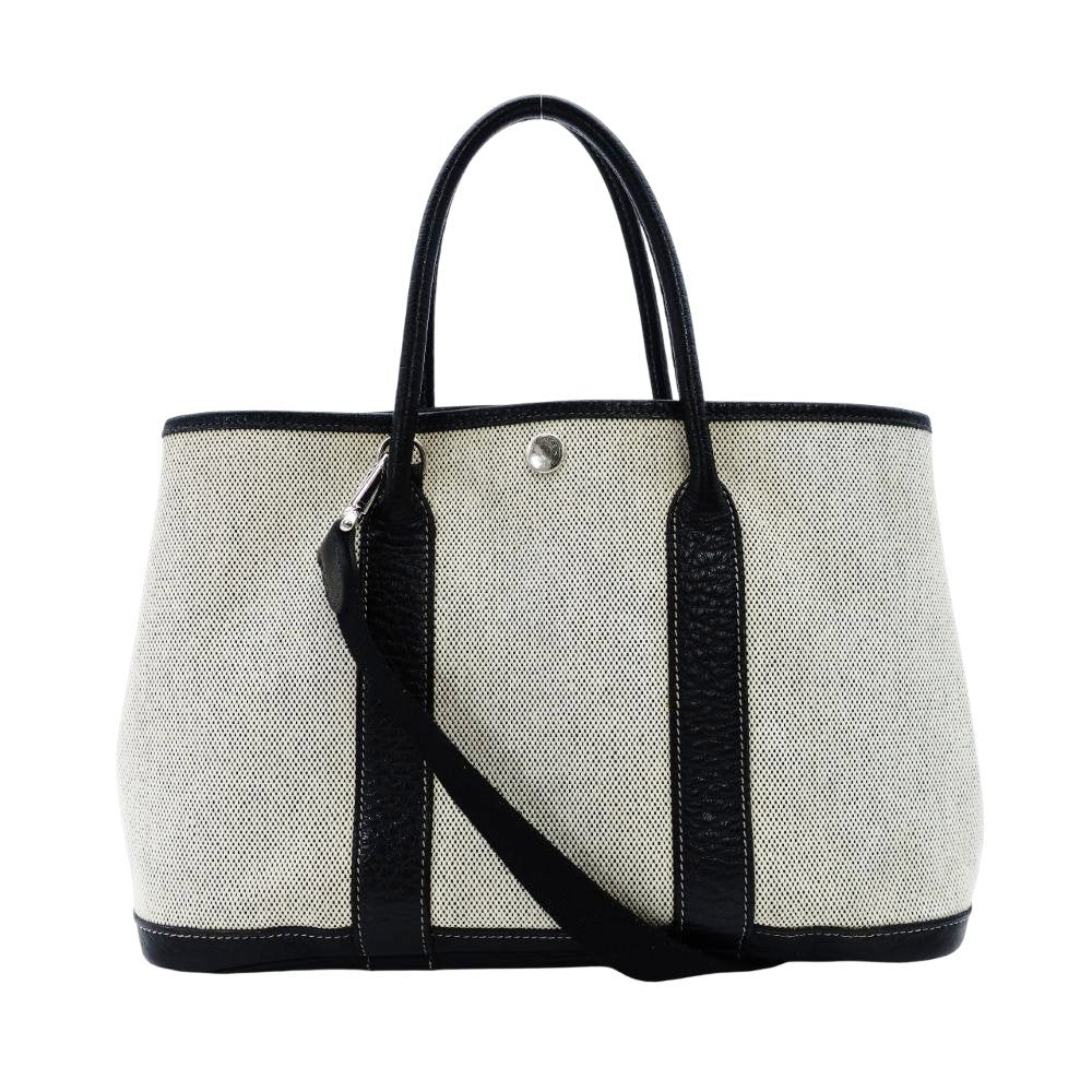 HERMES Garden Party TPM Twill Ash Canvas Leather Black × Beige Tote Bag 7-9-302