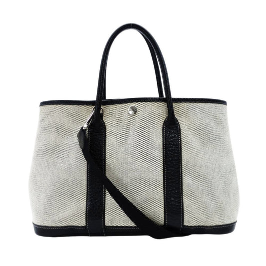 HERMES Garden Party TPM Twill Ash Canvas Leather Black × Beige Tote Bag 7-9-302