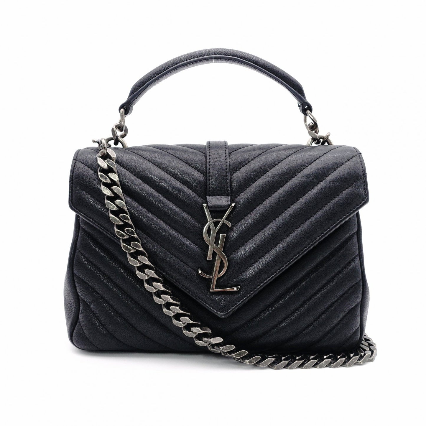 Saint Laurent YSL College Chain Shoulder Bag Black Leather Logo 2-Way Silver Hardware 7-8-375