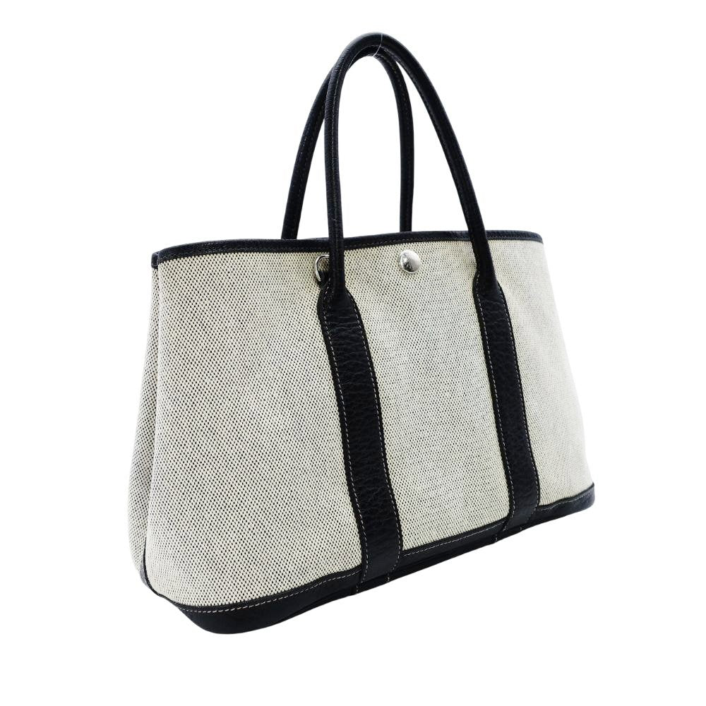 HERMES Garden Party TPM Twill Ash Canvas Leather Black × Beige Tote Bag 7-9-302