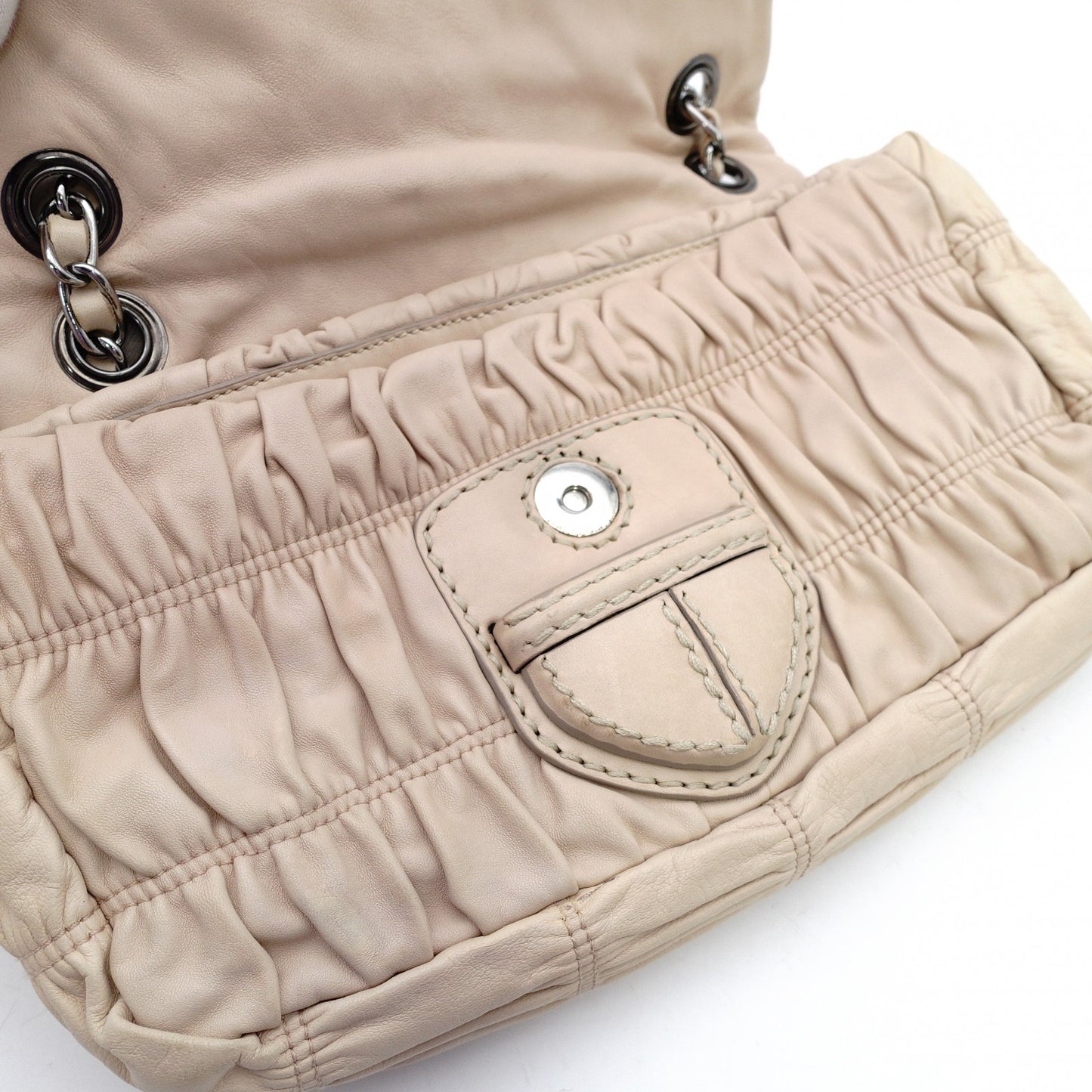 PRADA Chain Shoulder Bag Beige Leather Crossbody Silver Hardware Women's 7-11-309