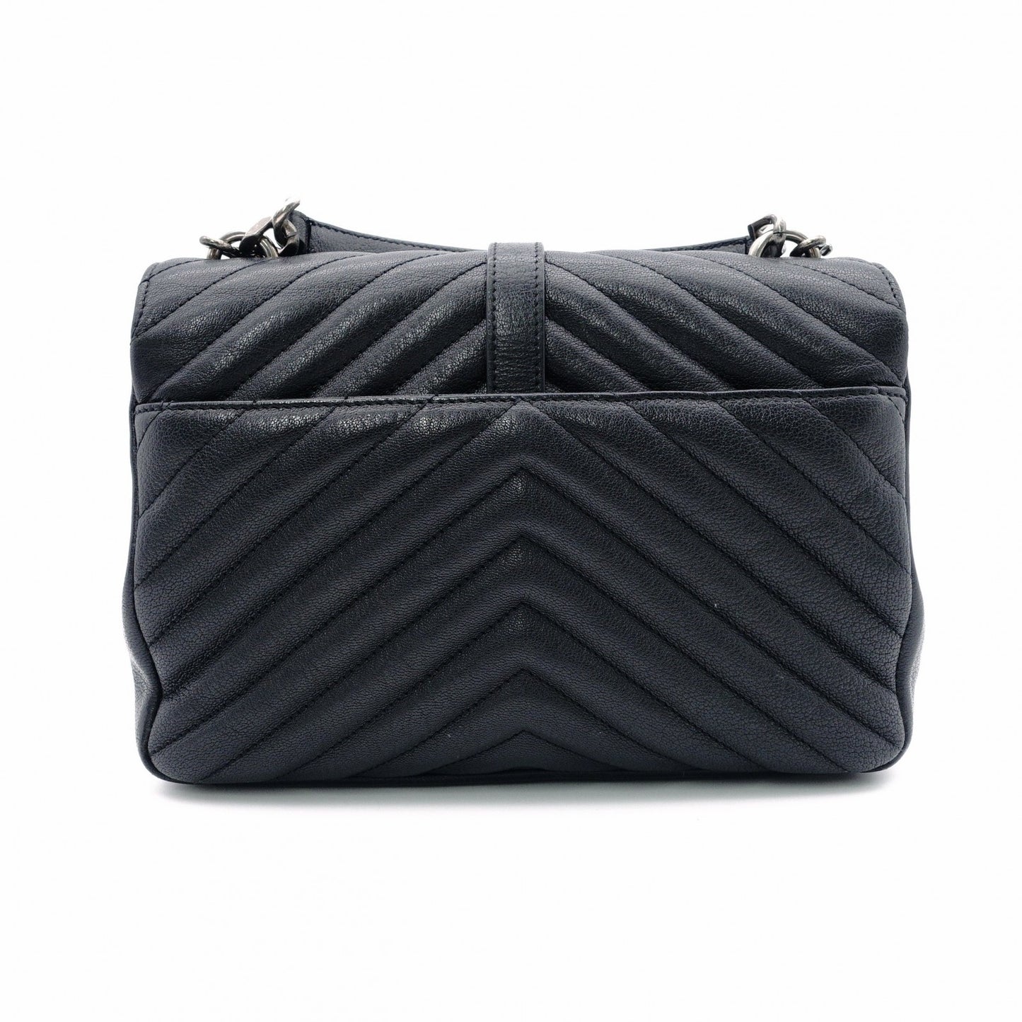 Saint Laurent YSL College Chain Shoulder Bag Black Leather Logo 2-Way Silver Hardware 7-8-375