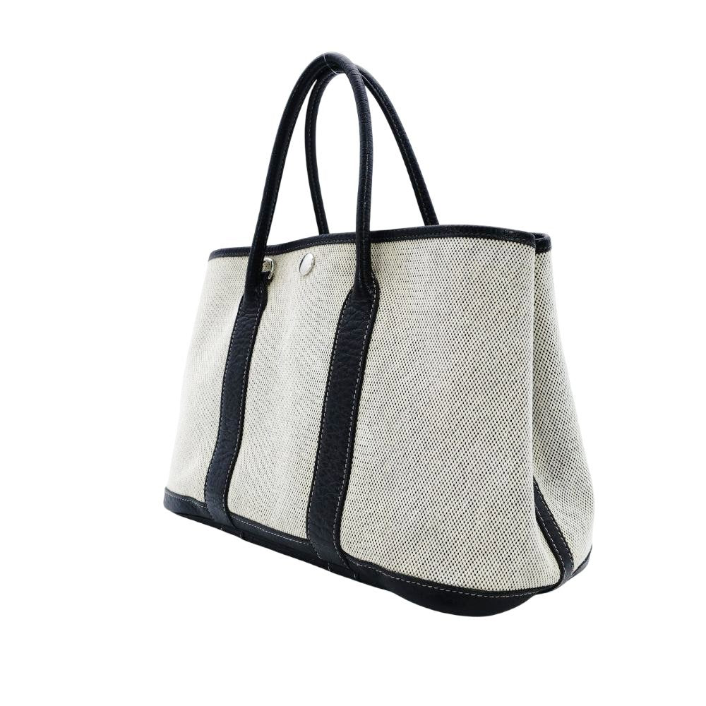 HERMES Garden Party TPM Twill Ash Canvas Leather Black × Beige Tote Bag 7-9-302