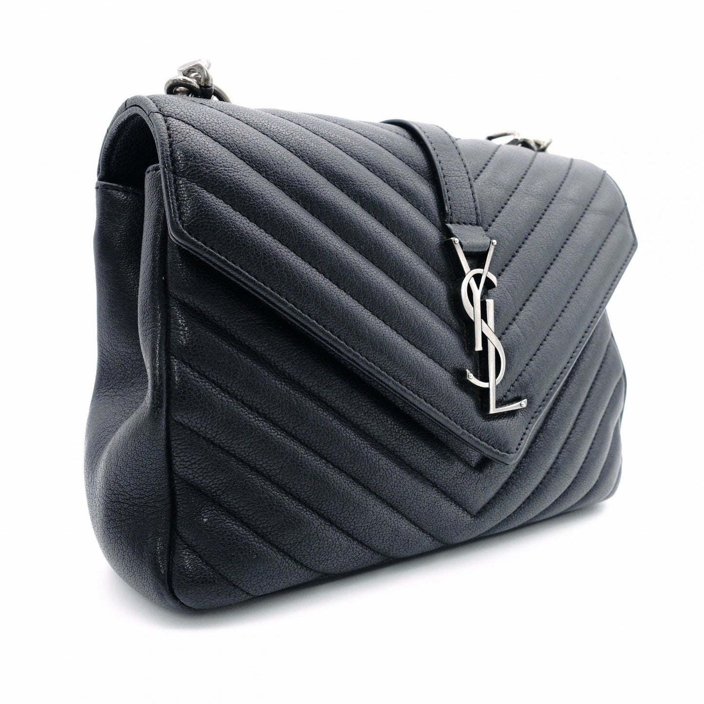 Saint Laurent YSL College Chain Shoulder Bag Black Leather Logo 2-Way Silver Hardware 7-8-375