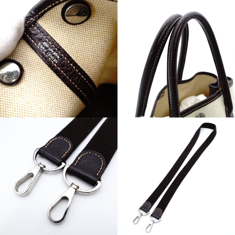 HERMES Garden Party TPM Twill Ash Canvas Leather Brown × Beige Tote Bag 7-9-300