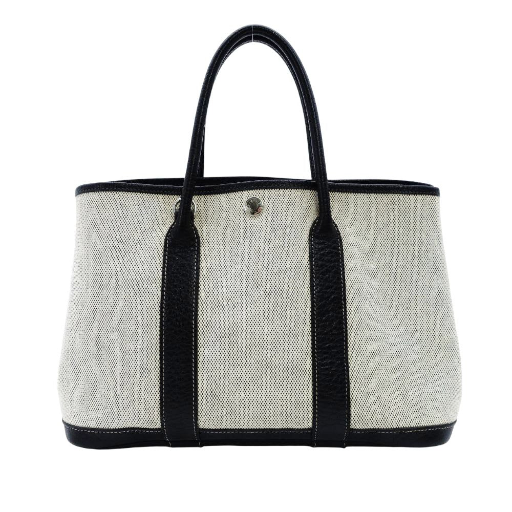 HERMES Garden Party TPM Twill Ash Canvas Leather Black × Beige Tote Bag 7-9-302
