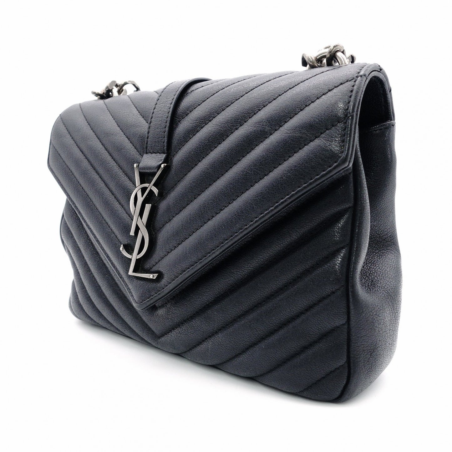 Saint Laurent YSL College Chain Shoulder Bag Black Leather Logo 2-Way Silver Hardware 7-8-375
