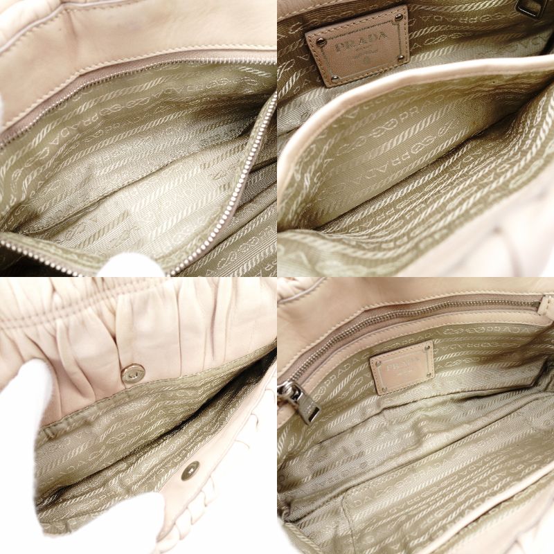 PRADA Chain Shoulder Bag Beige Leather Crossbody Silver Hardware Women's 7-11-309