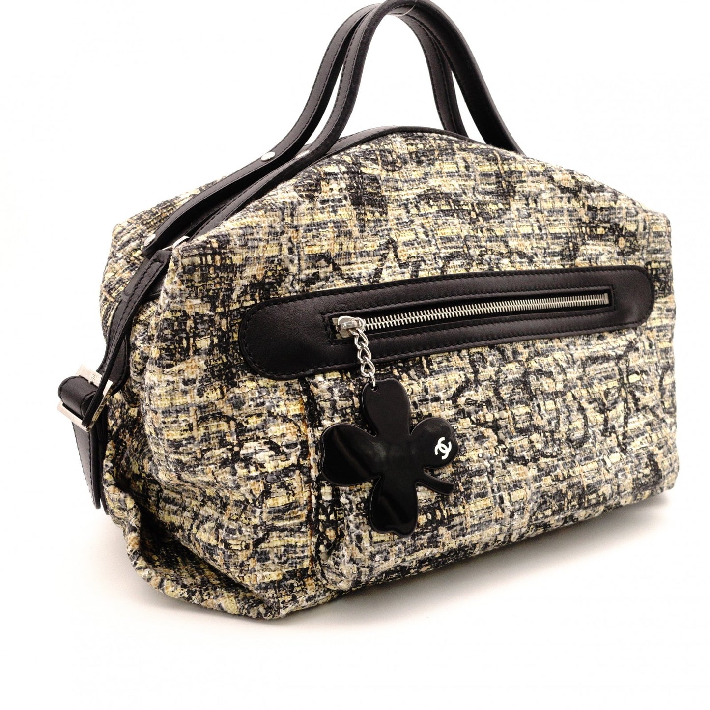 CHANEL Tweed Cover Duffle Tote Bag, Tweed and Leather, Beige, with Clover Charm