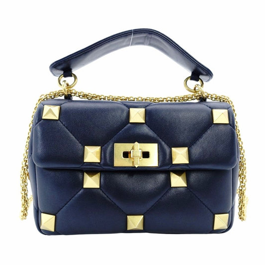 Valentino Garavani Roman Stud Handbag Navy Leather 2-Way Crossbody Gold Hardware 7-12-530