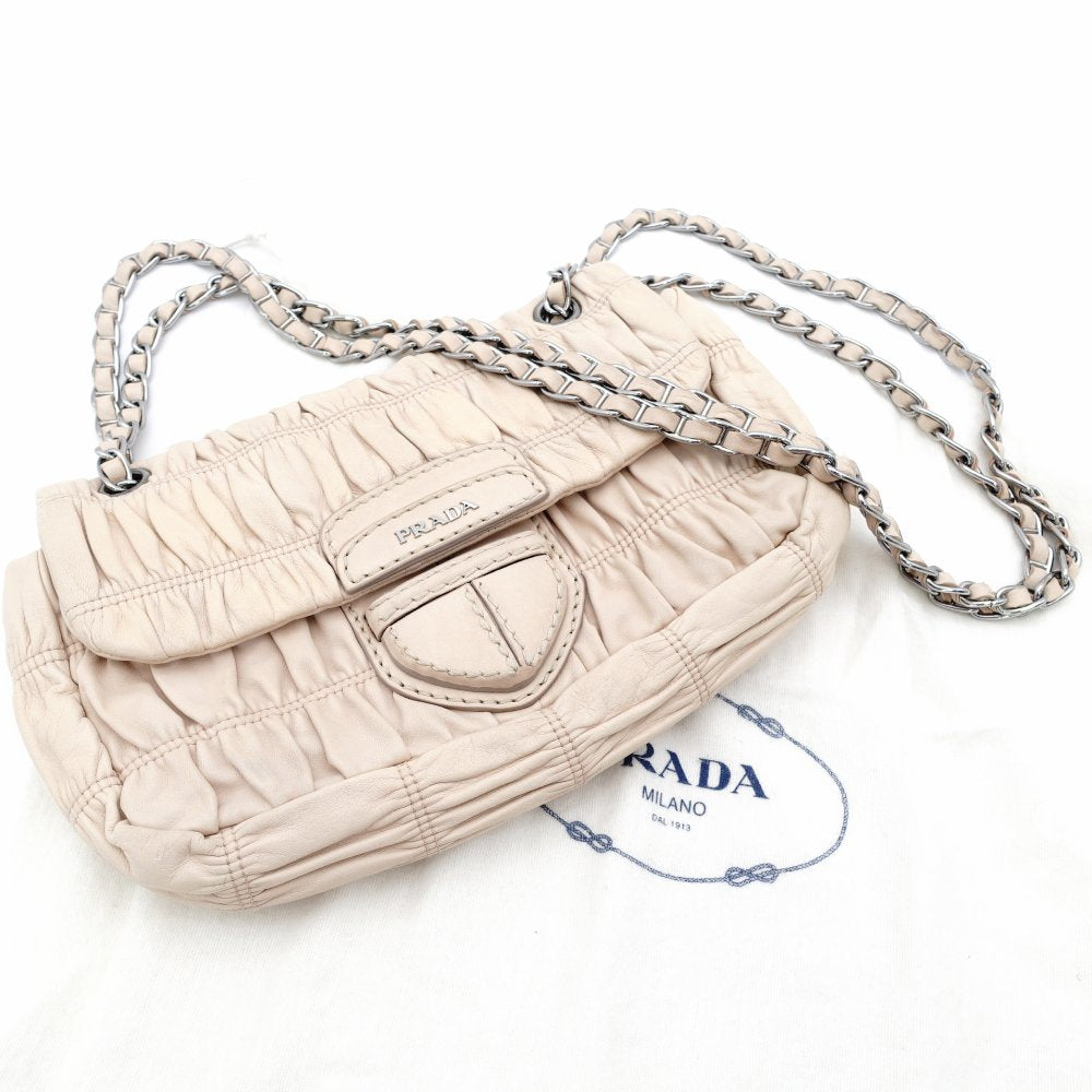 PRADA Chain Shoulder Bag Beige Leather Crossbody Silver Hardware Women's 7-11-309