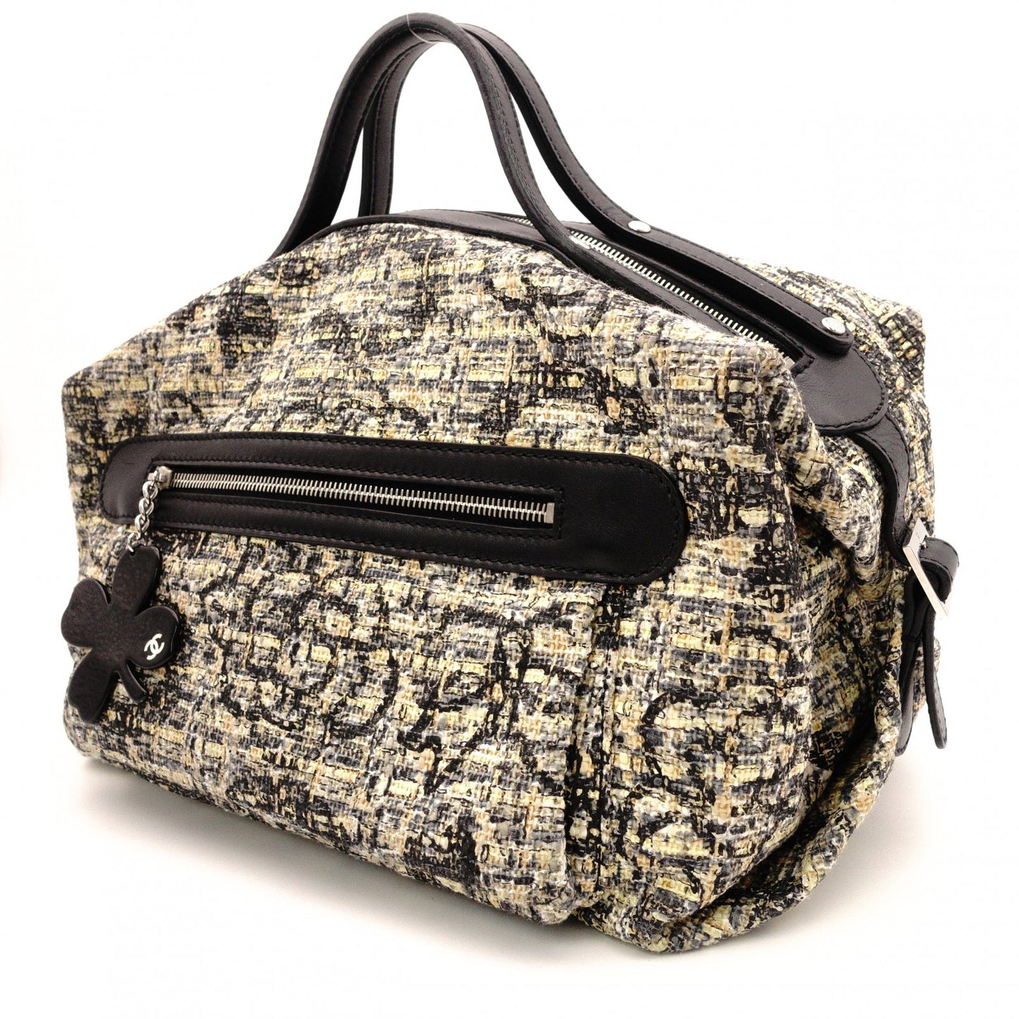 CHANEL Tweed Cover Duffle Tote Bag, Tweed and Leather, Beige, with Clover Charm