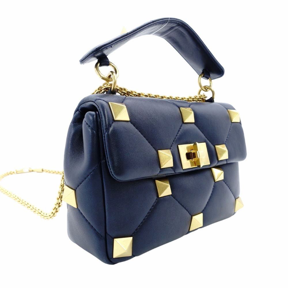 Valentino Garavani Roman Stud Handbag Navy Leather 2-Way Crossbody Gold Hardware 7-12-530