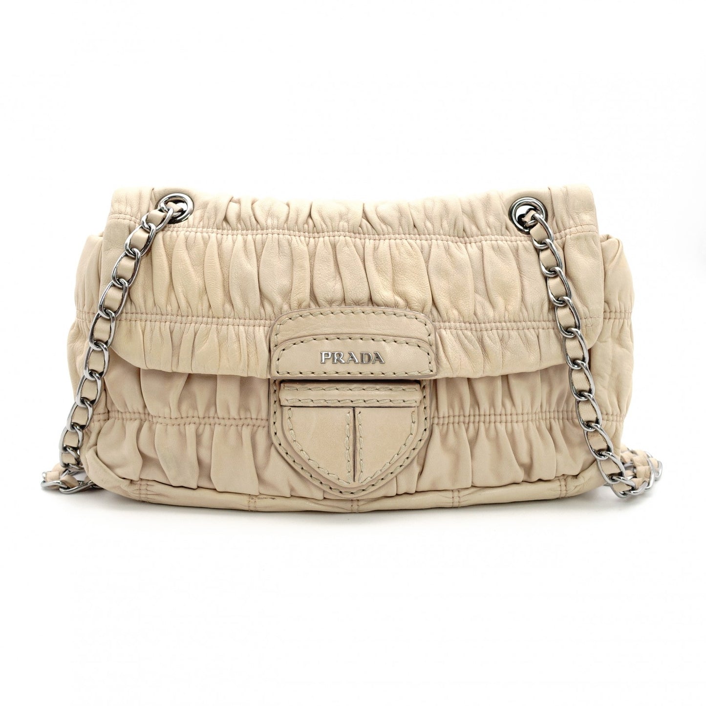 PRADA Chain Shoulder Bag Beige Leather Crossbody Silver Hardware Women's 7-11-309