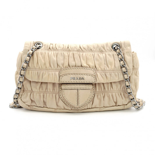 PRADA Chain Shoulder Bag Beige Leather Crossbody Silver Hardware Women's 7-11-309