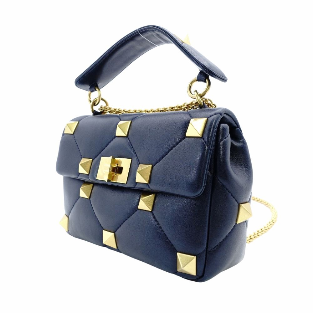 Valentino Garavani Roman Stud Handbag Navy Leather 2-Way Crossbody Gold Hardware 7-12-530
