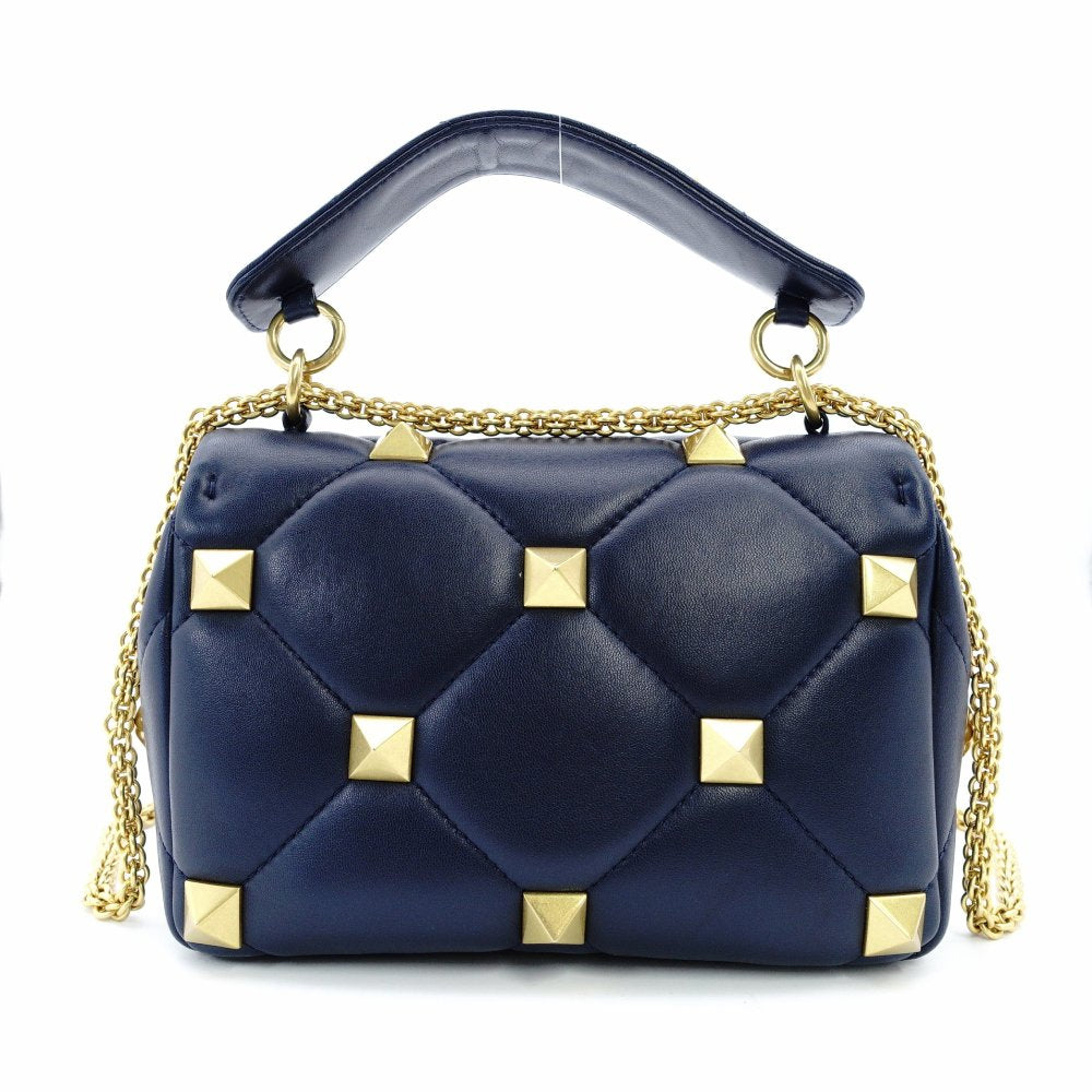 Valentino Garavani Roman Stud Handbag Navy Leather 2-Way Crossbody Gold Hardware 7-12-530
