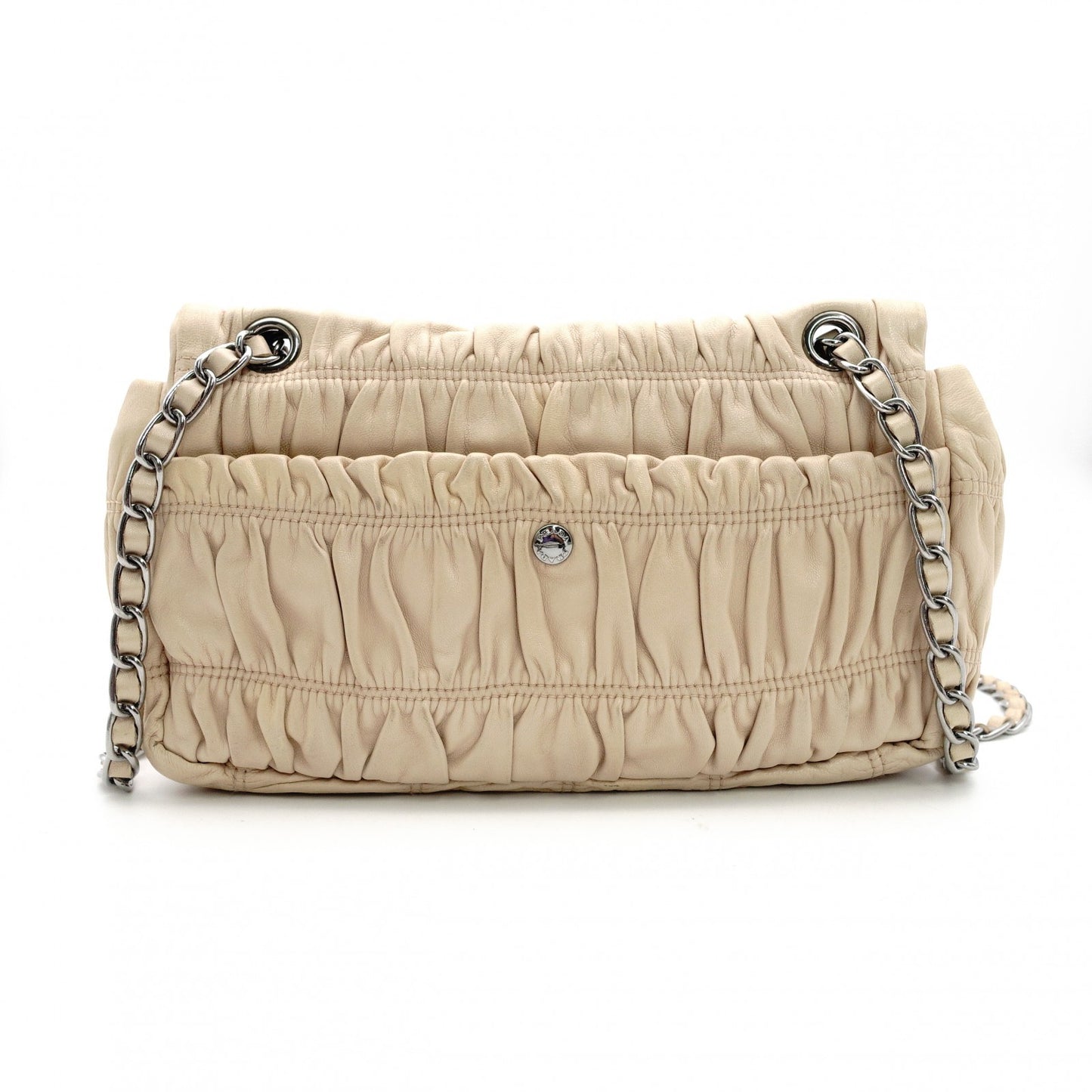 PRADA Chain Shoulder Bag Beige Leather Crossbody Silver Hardware Women's 7-11-309