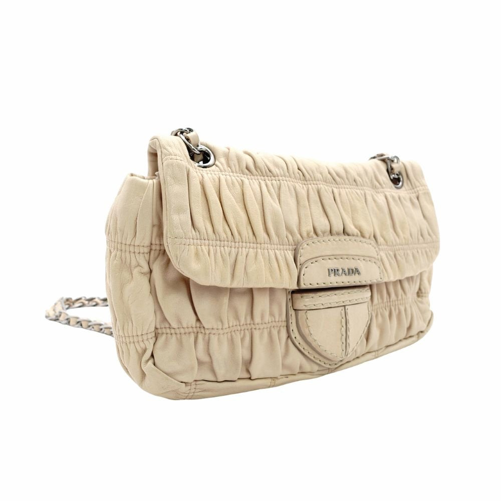 PRADA Chain Shoulder Bag Beige Leather Crossbody Silver Hardware Women's 7-11-309