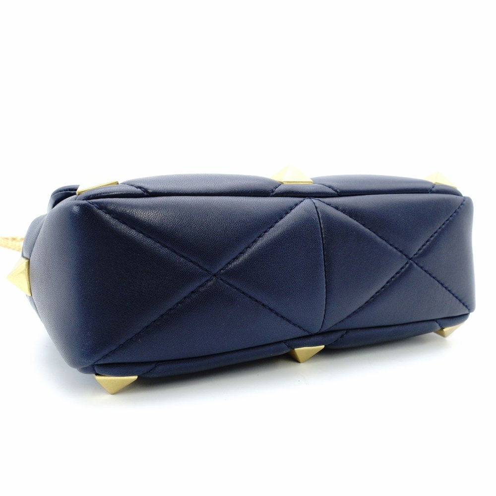 Valentino Garavani Roman Stud Handbag Navy Leather 2-Way Crossbody Gold Hardware 7-12-530