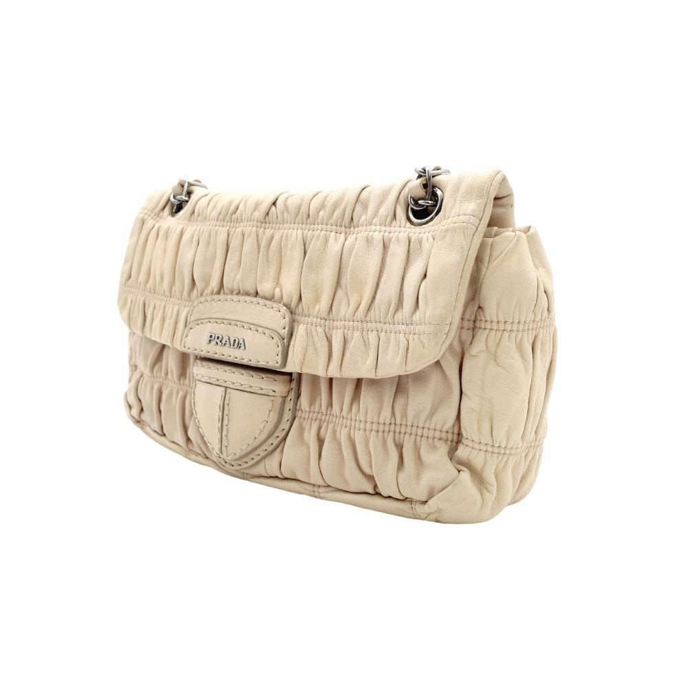 PRADA Chain Shoulder Bag Beige Leather Crossbody Silver Hardware Women's 7-11-309