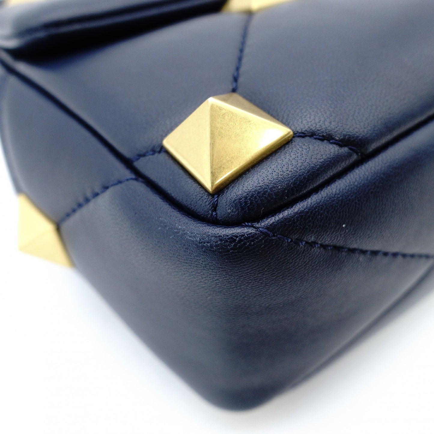 Valentino Garavani Roman Stud Handbag Navy Leather 2-Way Crossbody Gold Hardware 7-12-530