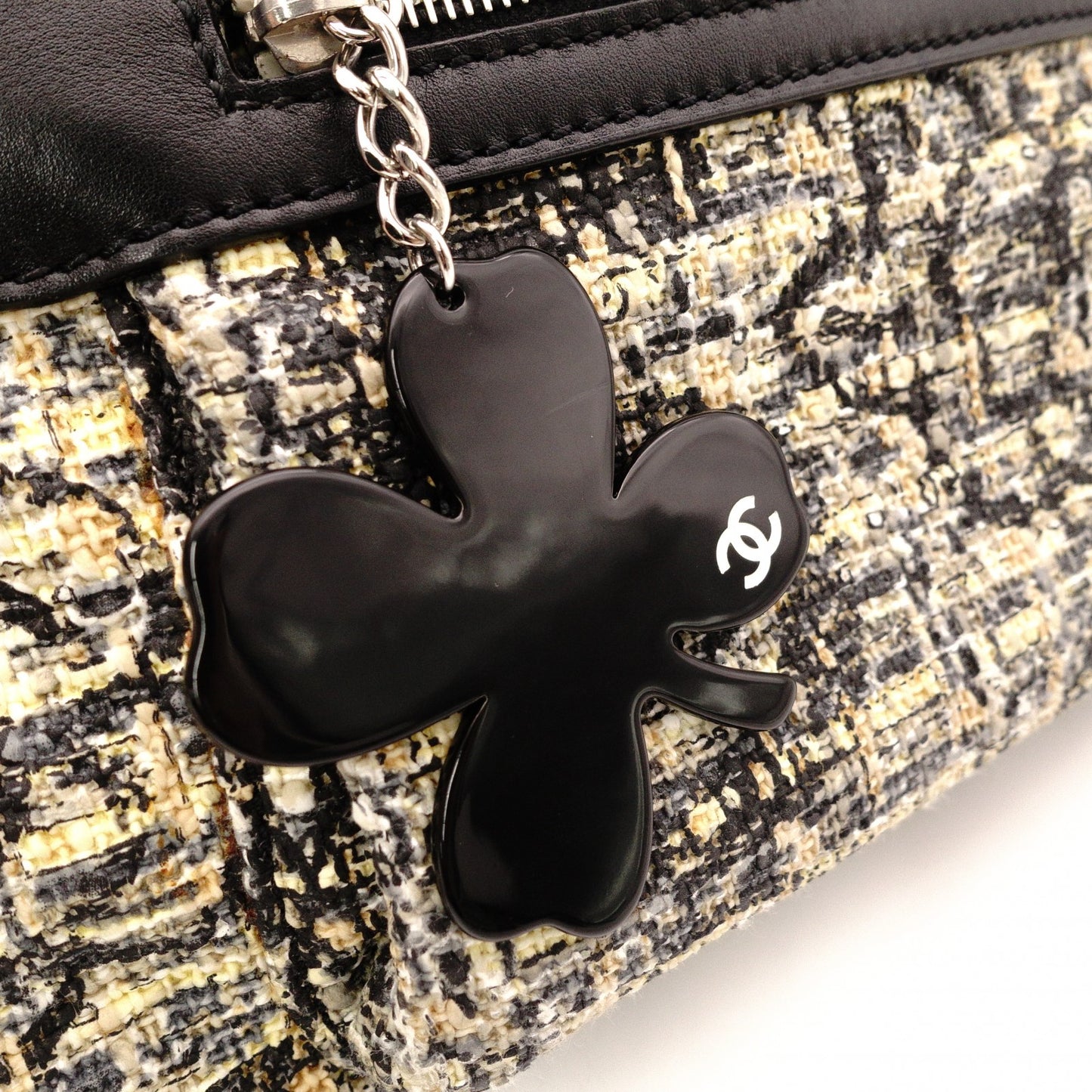 CHANEL Tweed Cover Duffle Tote Bag, Tweed and Leather, Beige, with Clover Charm