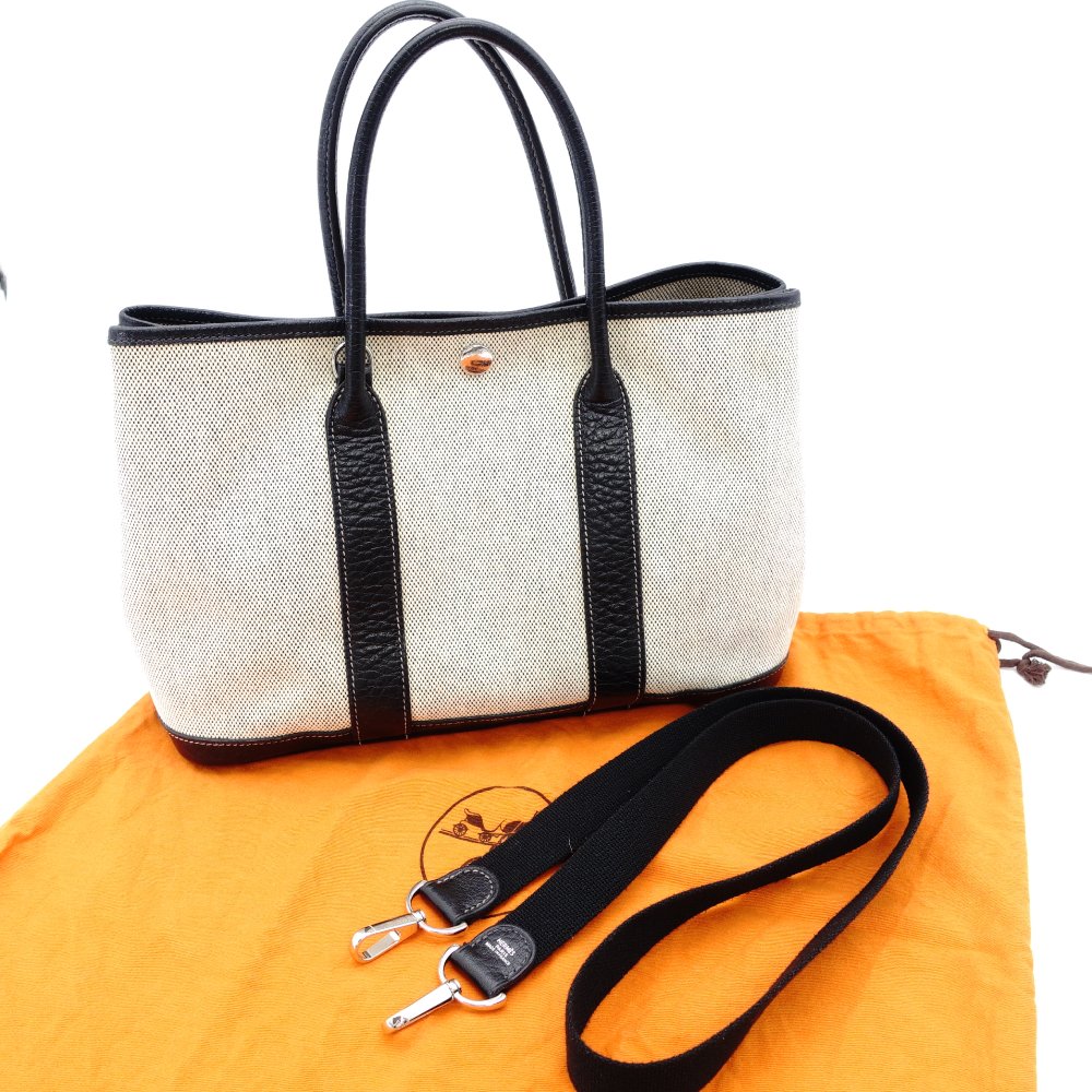HERMES Garden Party TPM Twill Ash Canvas Leather Black × Beige Tote Bag 7-9-302