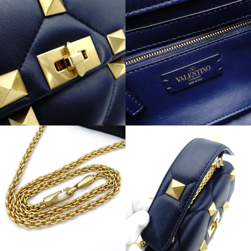 Valentino Garavani Roman Stud Handbag Navy Leather 2-Way Crossbody Gold Hardware 7-12-530