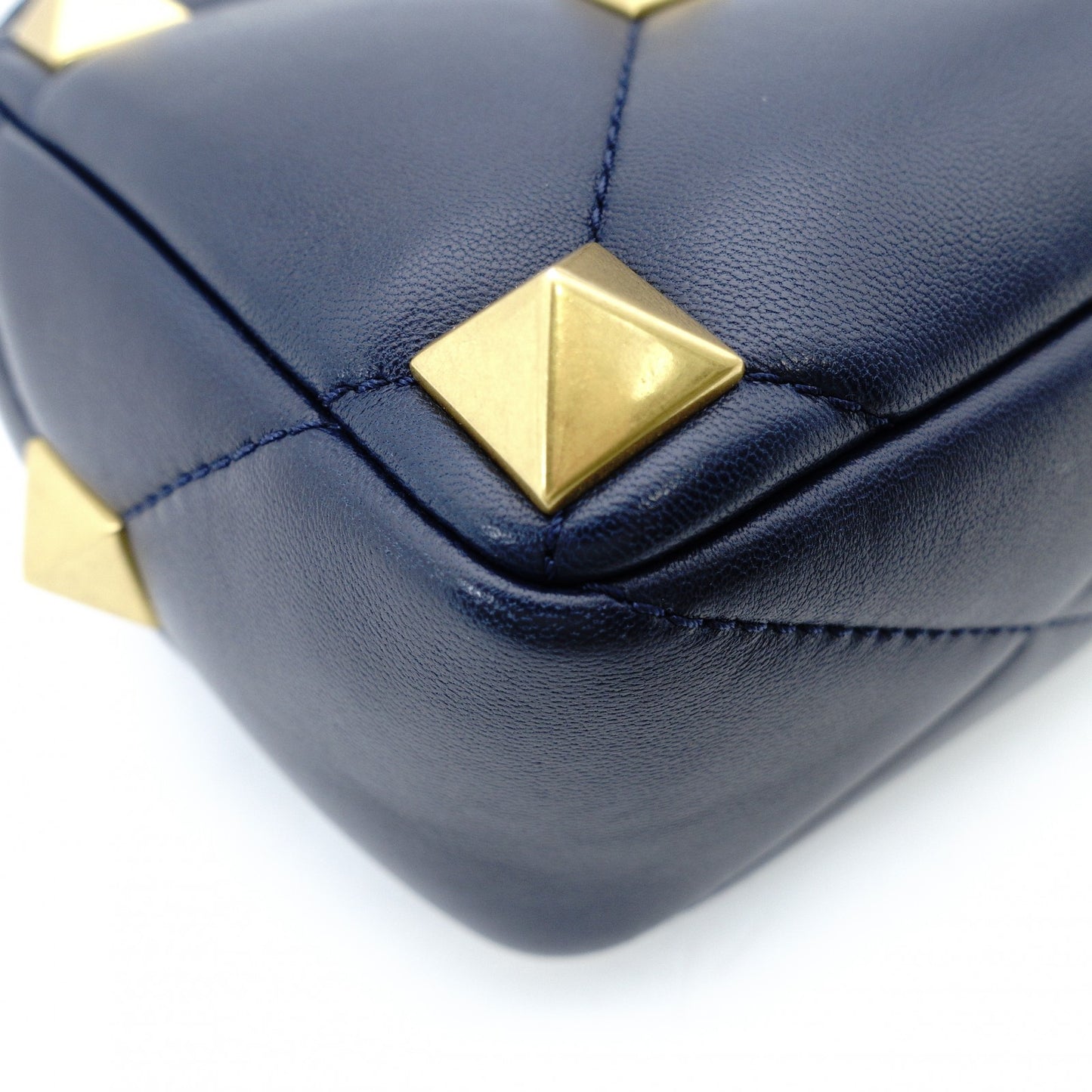 Valentino Garavani Roman Stud Handbag Navy Leather 2-Way Crossbody Gold Hardware 7-12-530