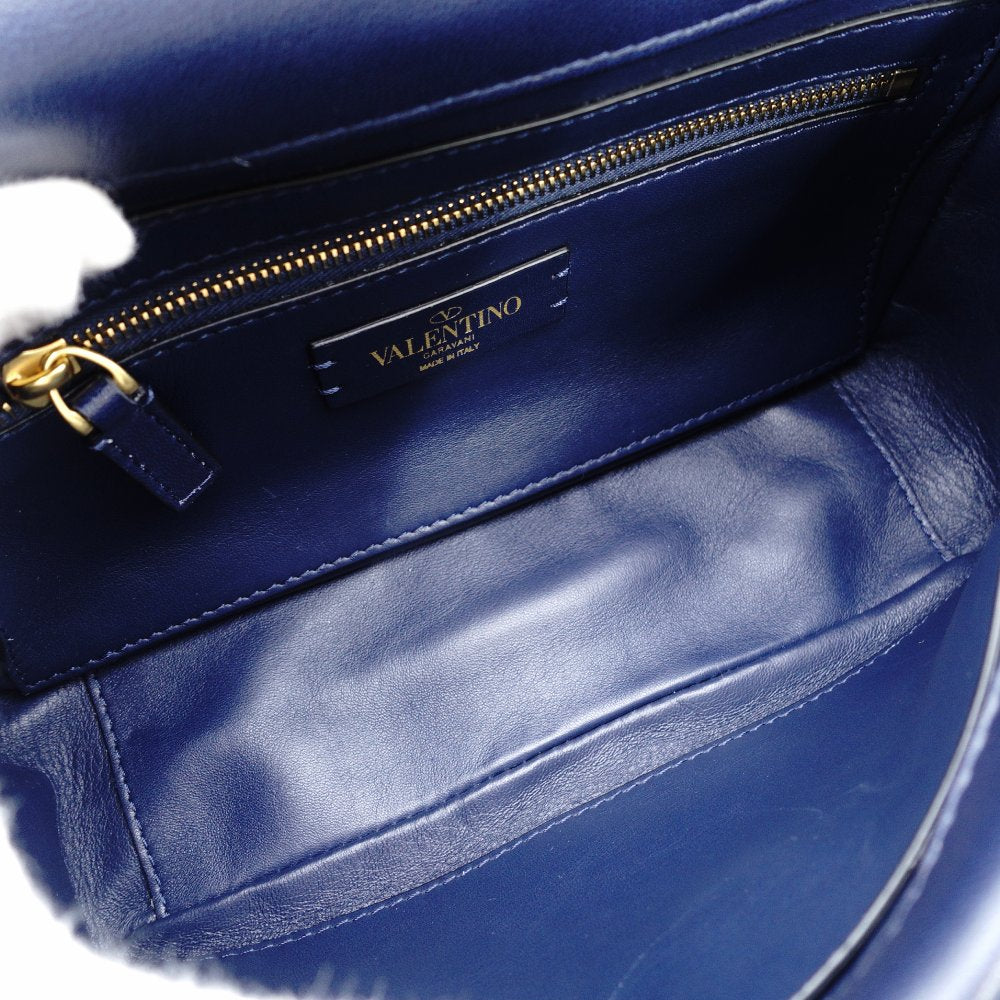 Valentino Garavani Roman Stud Handbag Navy Leather 2-Way Crossbody Gold Hardware 7-12-530