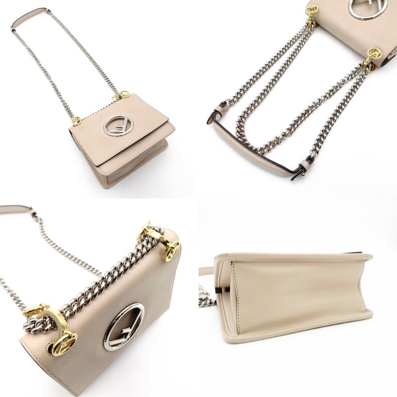 FENDI Canaille Chain Shoulder Bag Beige Leather 8BT286 Crossbody 7-12-147