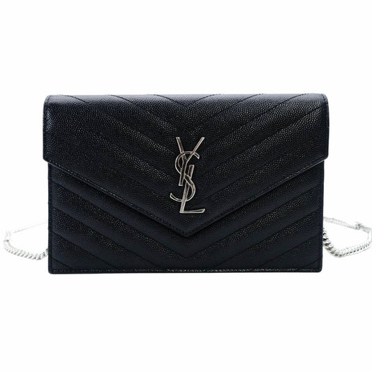 Saint Laurent Envelope Wallet Chain Shoulder Bag Black YSL Black Leather Crossbody 7-12-378