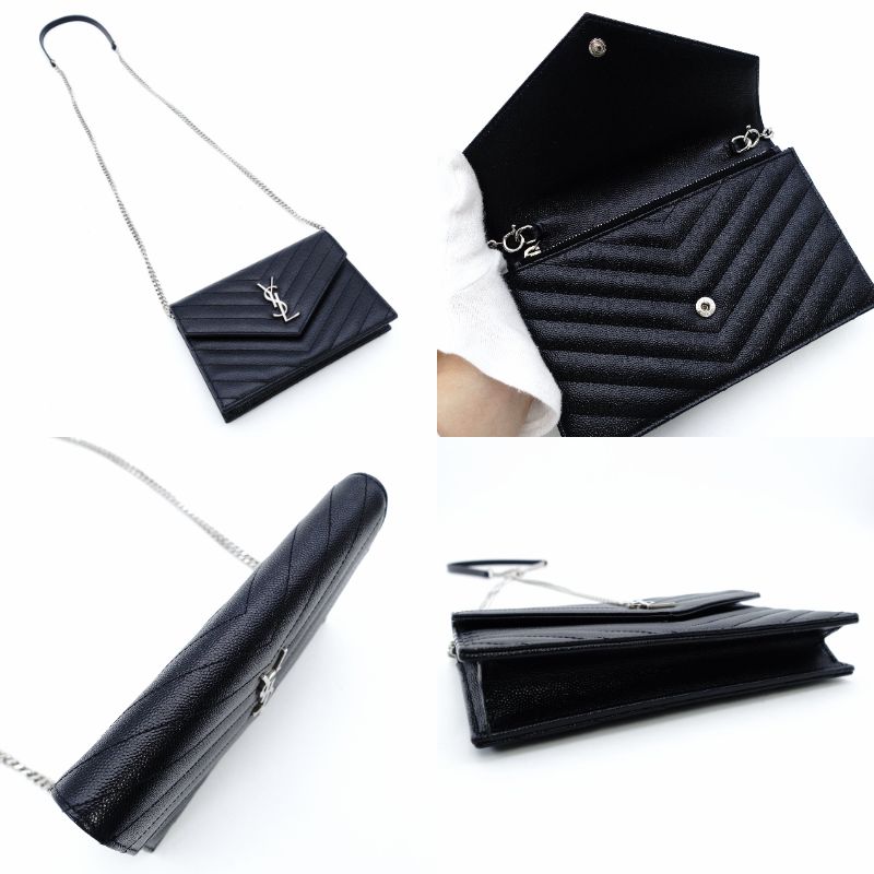 Saint Laurent Envelope Wallet Chain Shoulder Bag Black YSL Black Leather Crossbody 7-12-378