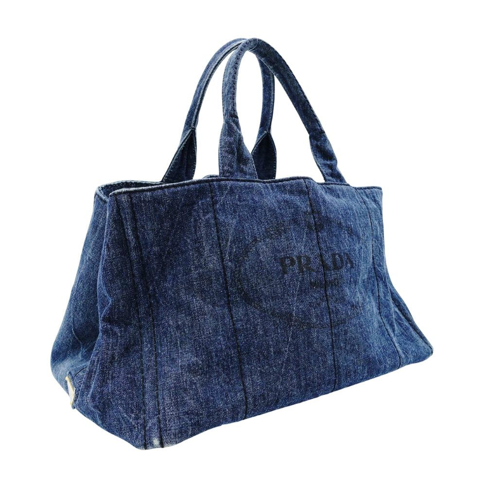 PRADA Canapa L Size Handbag Denim Canvas Tote Gold Hardware 7-10-215