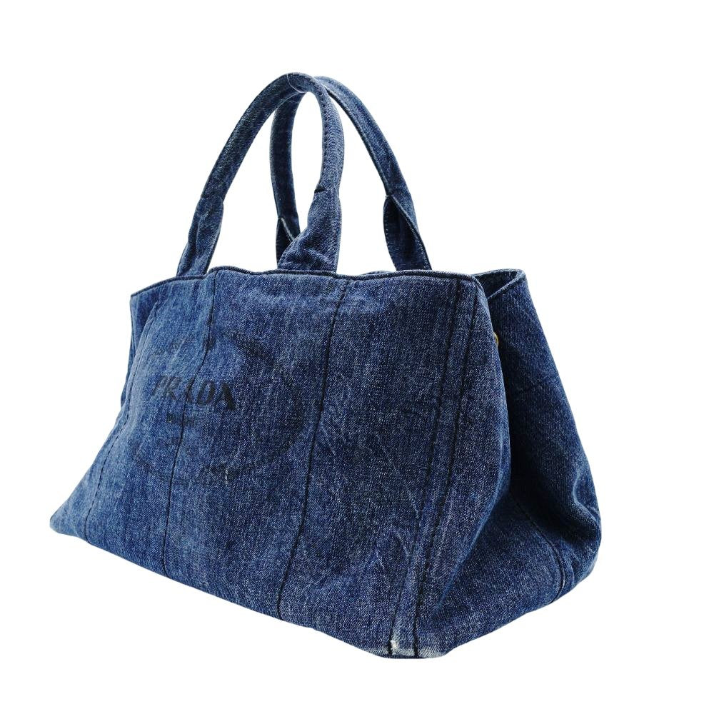 PRADA Canapa L Size Handbag Denim Canvas Tote Gold Hardware 7-10-215