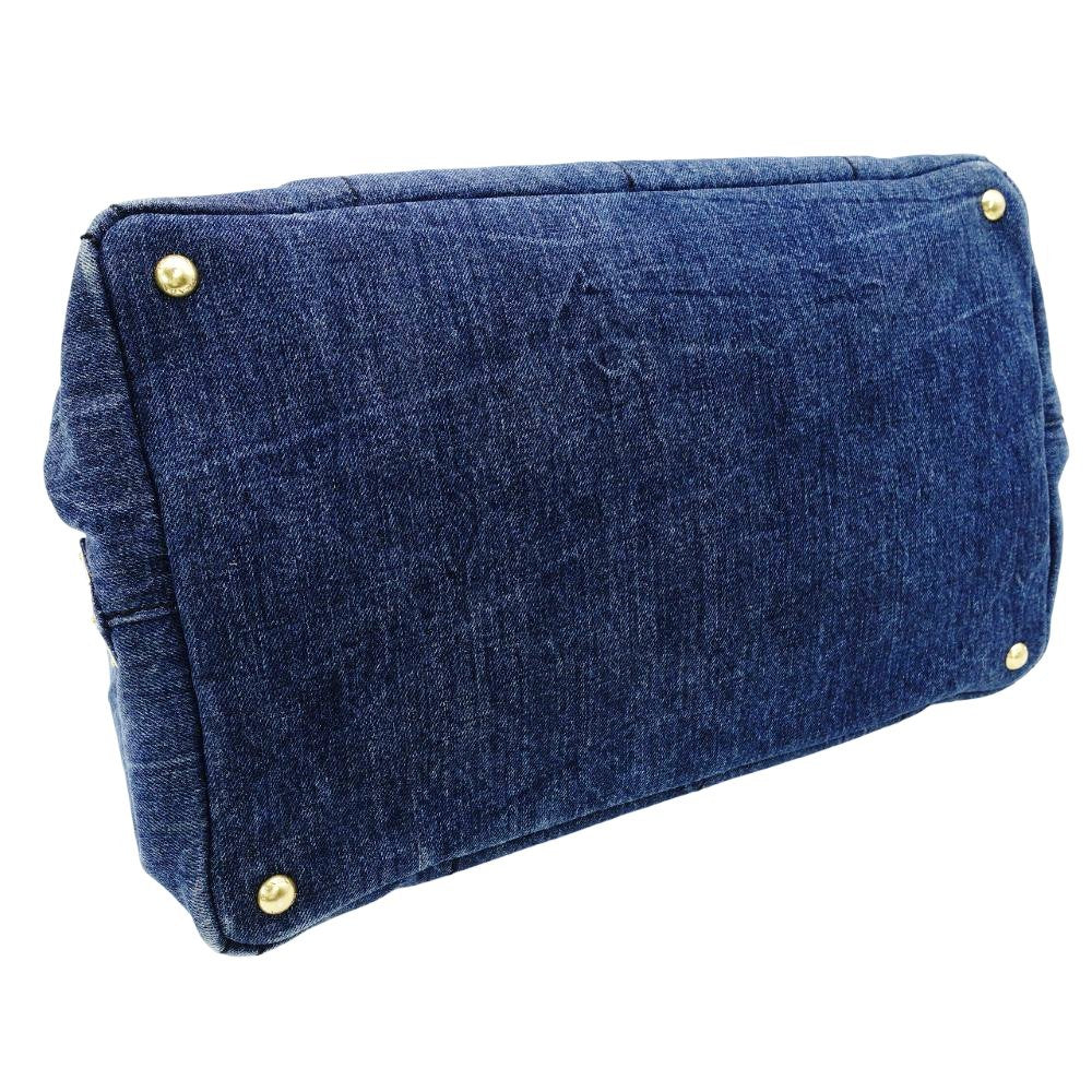 PRADA Canapa L Size Handbag Denim Canvas Tote Gold Hardware 7-10-215