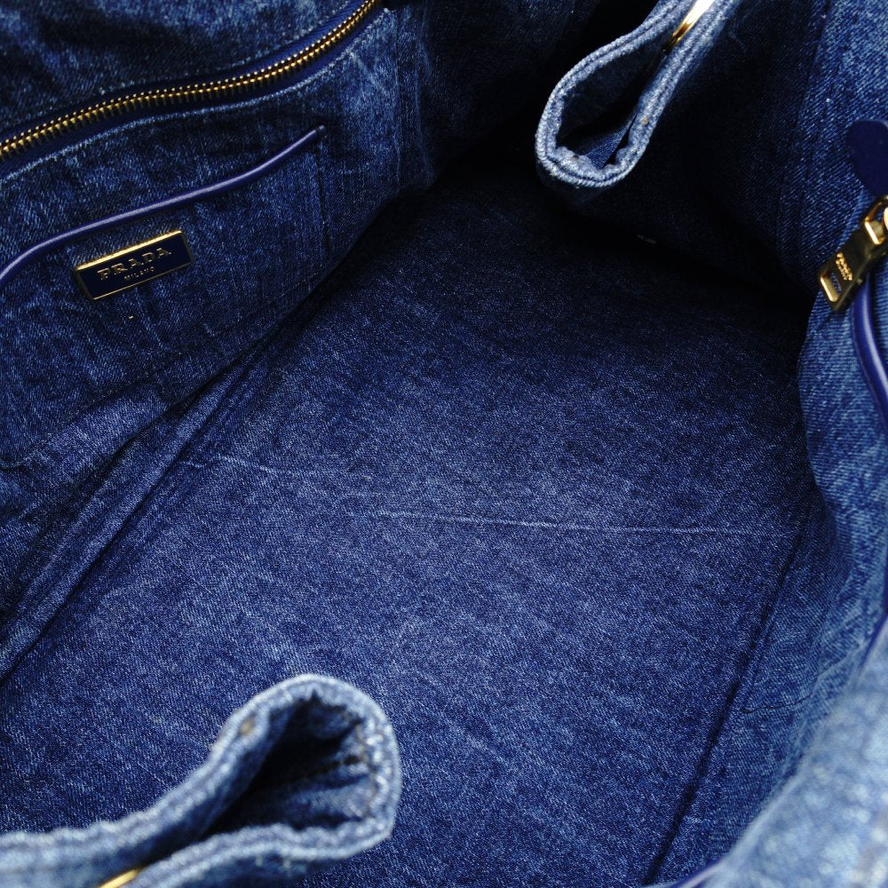 PRADA Canapa L Size Handbag Denim Canvas Tote Gold Hardware 7-10-215