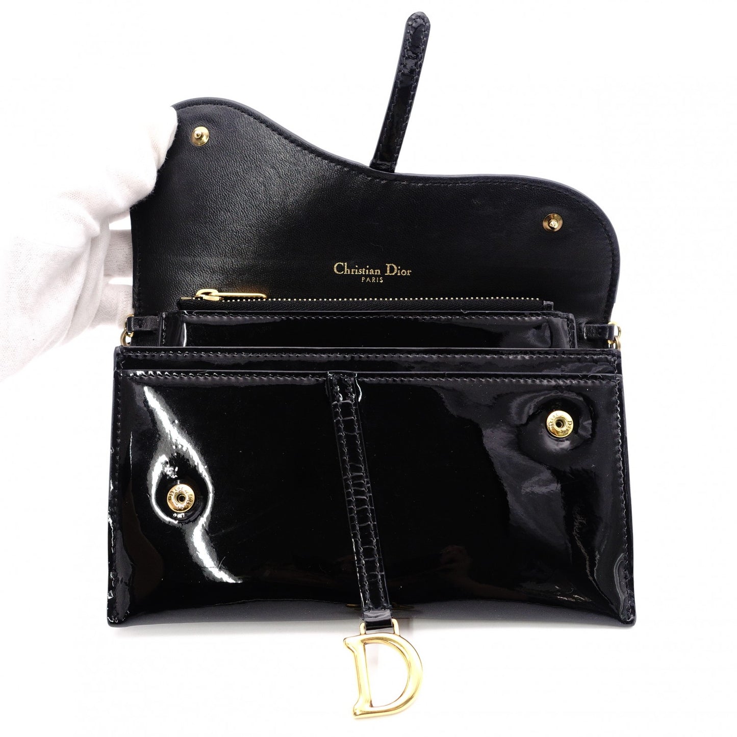 Christian Dior Saddle Shoulder Bag, Patent Leather, Black