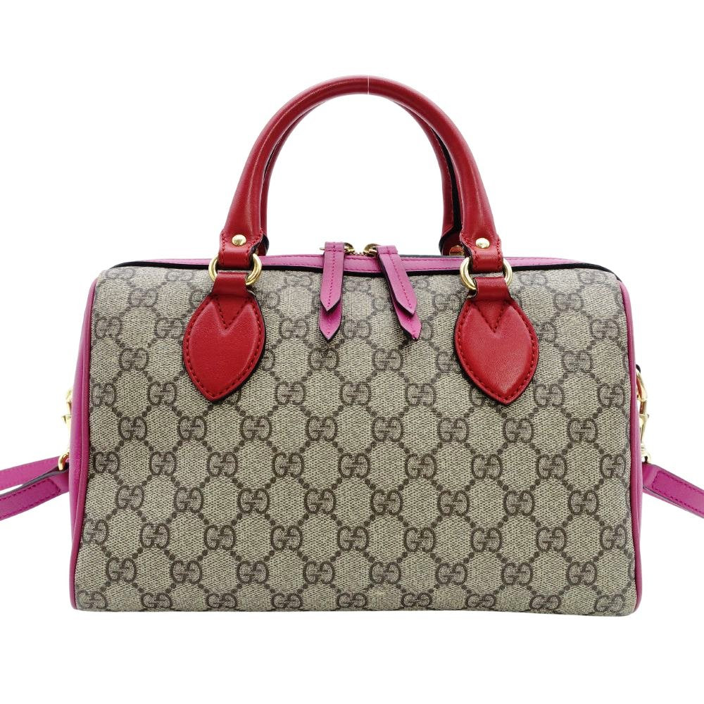 GUCCI Mini Boston Bag GG Supreme Pink Red Beige Handbag 2-Way PVC 7-12-299